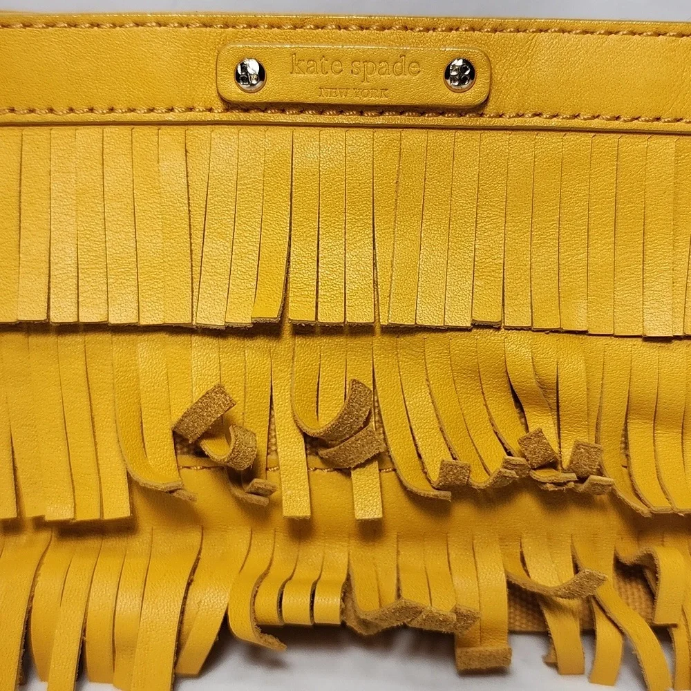 Kate Spade dark yellow fringe leather hippie boho soho clutch wristlet handbag‎